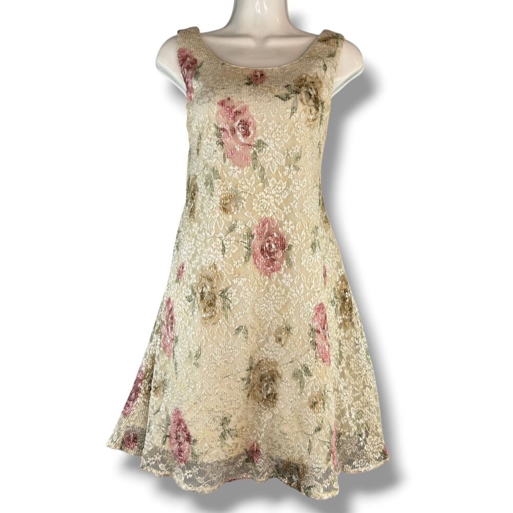 Vintage 90's Whimsy Fairy Romantic Cottage Midi Floral Dress Ivory Mesh Size 8
